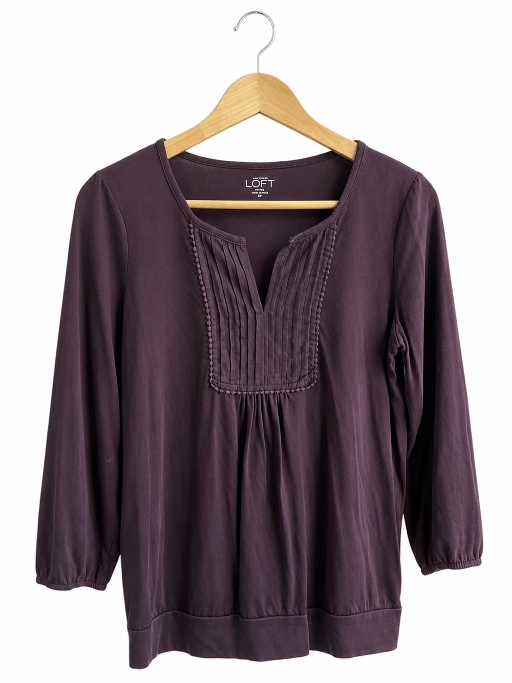 LOFT Petite Plum Pintuck Blouse 3/4 Sleeve Soft Knit Top Size MP